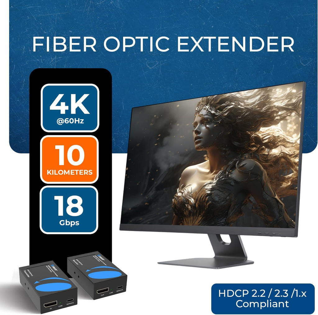 OREI 4K DisplayPort Extender Over Fiber Optic Balun - UltraHD 4K @ 60Hz 4:4:4 DR, HDR10+, SFP+ - Up to 10 KM in Single Mode - 300M in Multi-Mode