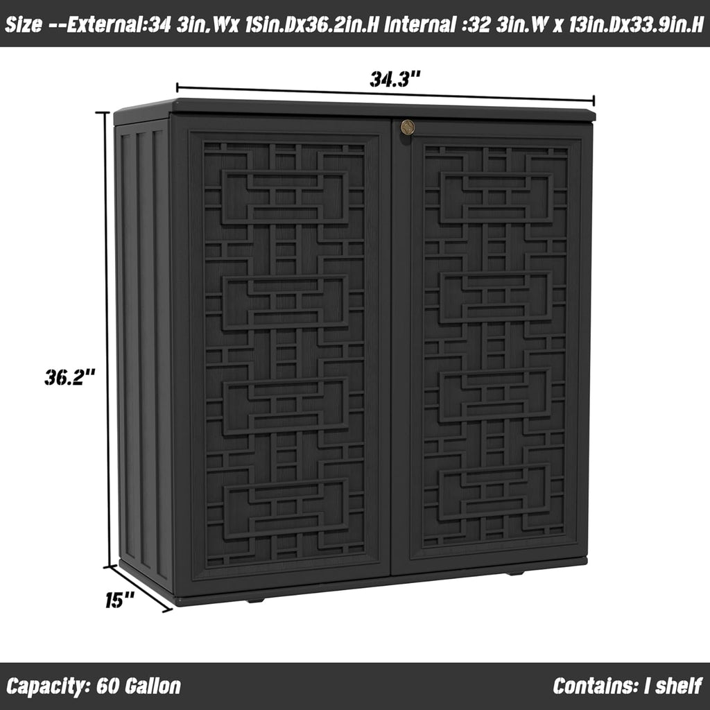 Mrosaa Outdoor Storage Cabinet Waterproof with Shelf,Resin Storage Sheds Outdoor Cabinets for tub Towels/Chemicals/Grill Items/Patio/Garden/Backyard, Size 34.3''L*15''W*36.2''H（Black）