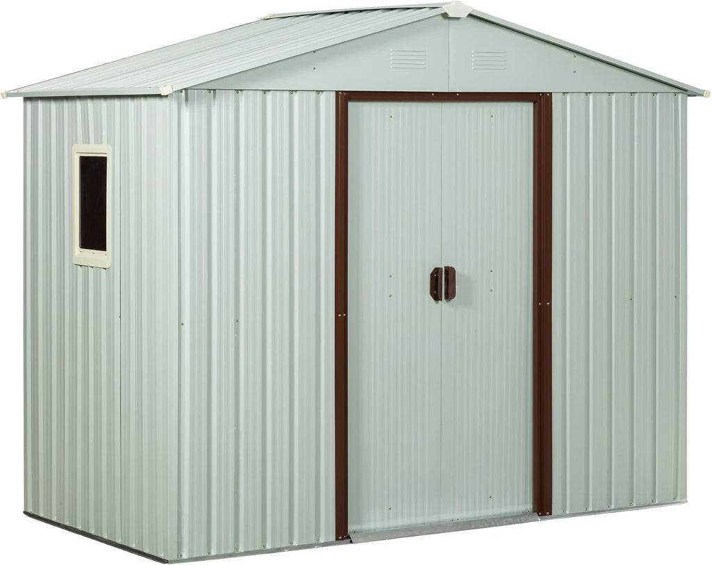 Favfurish 8 x 4 FT Outdoor Storage Shed with Side Window, Metal Garden Shed w/Sliding Doors & Lock, Floor Base and Air Vents, Utility Tool Storage House for Backyard Lawn, White