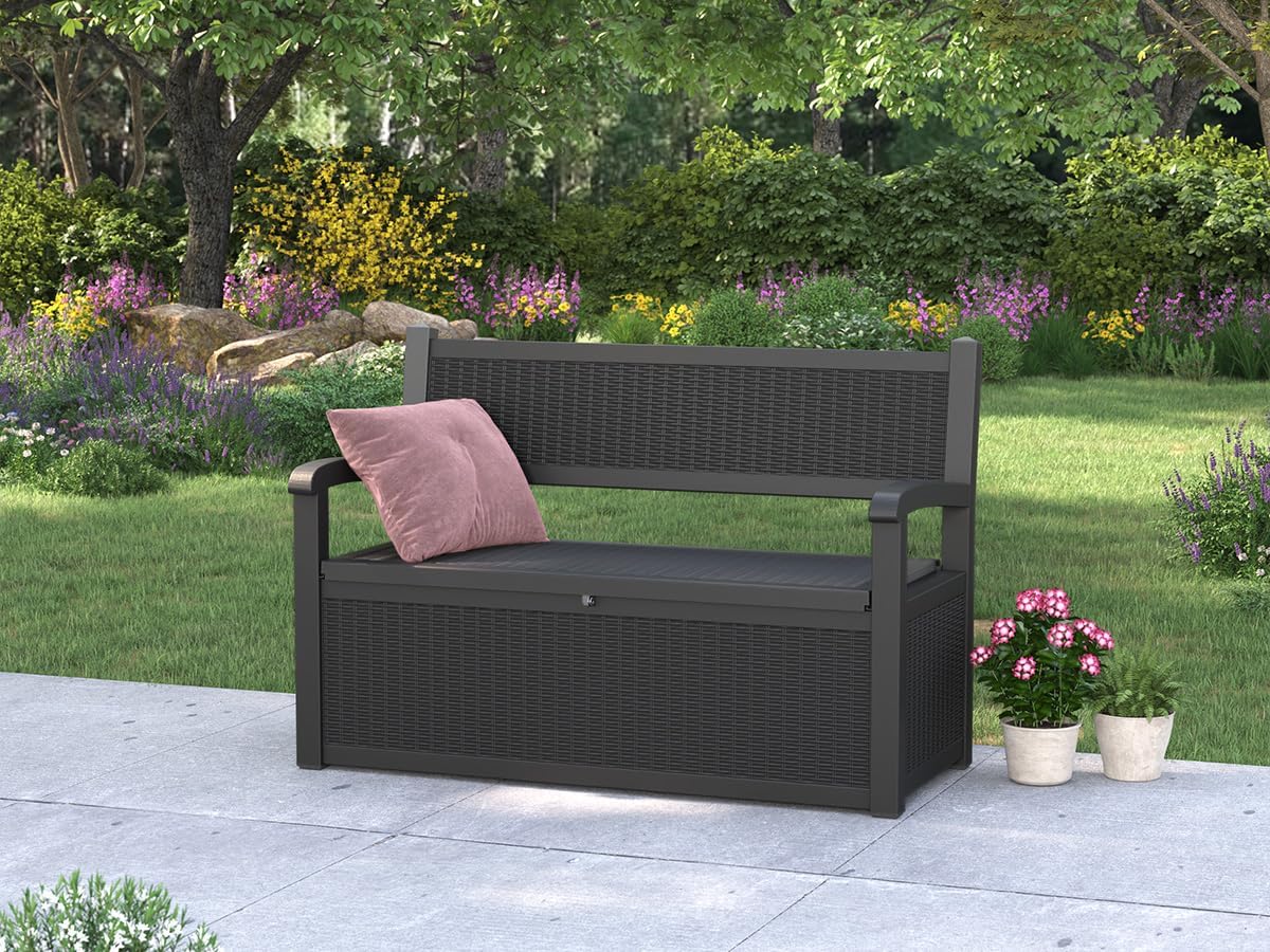 LHBcraft 70 Gallon Deck Bench with Storage,Outdoor Storage Box Bench Waterproof&Lockable, Resin Patio Furniture with Armrest for Patio, Porch, Garden,Black