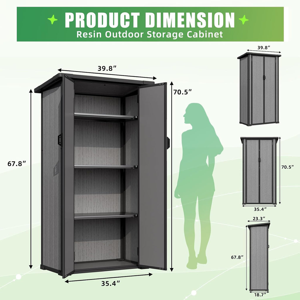 U-MAX Resin Outdoor Storage Cabinet Waterproof with Adjustable Shelves, Vertical Tall Plastic Storage Shed with Reinforced Floor, All Weather Sheds & Outdoor Storage Clearance with Base for Outside