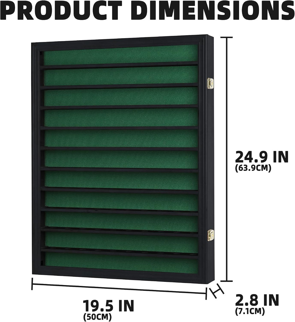 DisplayGifts 110 Golf Ball Display Case for Wall Mount – UV Protection with Gold Lock, Holds 110 Golf Balls, Exterior Size: 24.9'x19.5'x2.8', Black Finish Frame with Green Felt Interior