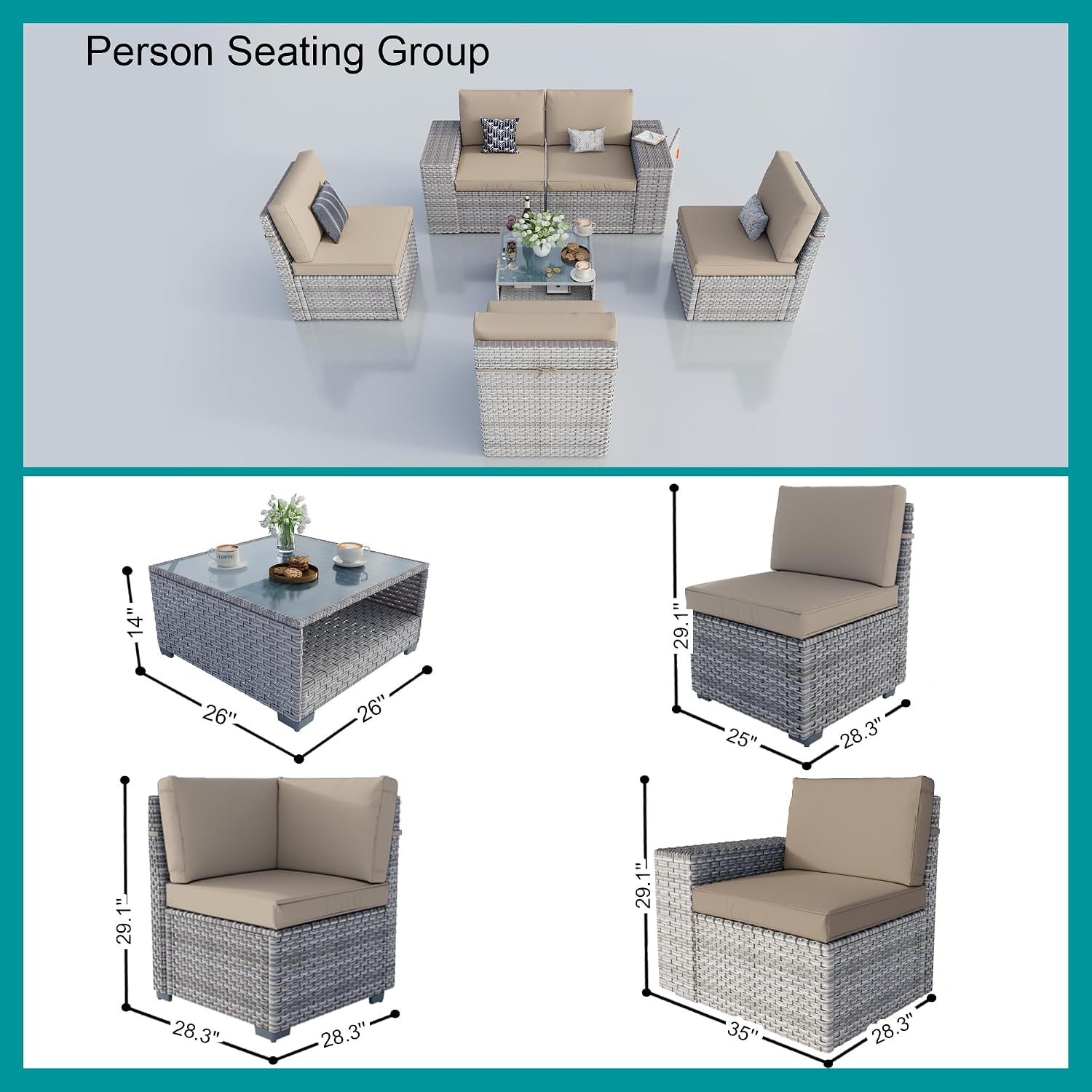 6-Piece Patio Furniture Set, Outdoor Extra Wide Armrest Modular Patio Sofa, Dual-Strand Rattan Wicker, Rust-Resistant Frame, Backyard High Back, Large Seat Furniture for Porch Garden Balcony, Khaki