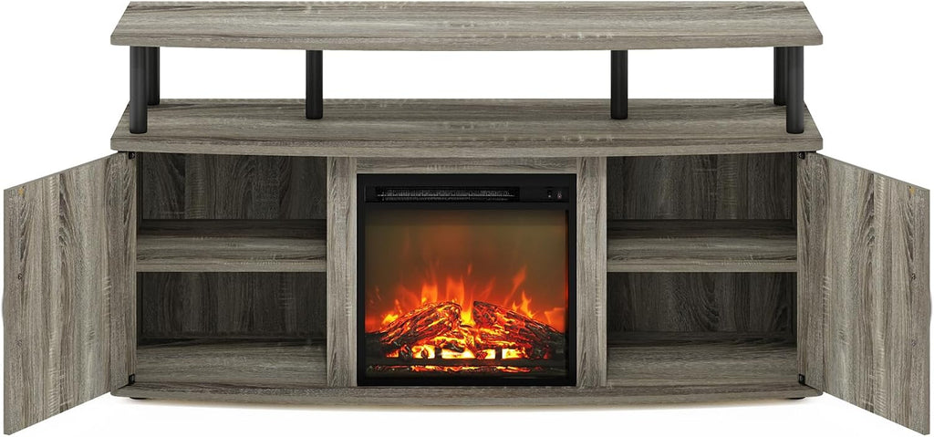 Furinno Jensen Fireplace TV Stand, Entertainment Center, TV Console for TV up to 55 Inch with Fireplace and Doors Storage Cabinet, for Living Room, Bedroom, French Oak Grey