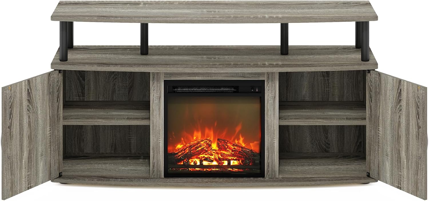 Furinno Jensen Fireplace TV Stand, Entertainment Center, TV Console for TV up to 55 Inch with Fireplace and Doors Storage Cabinet, for Living Room, Bedroom, French Oak Grey