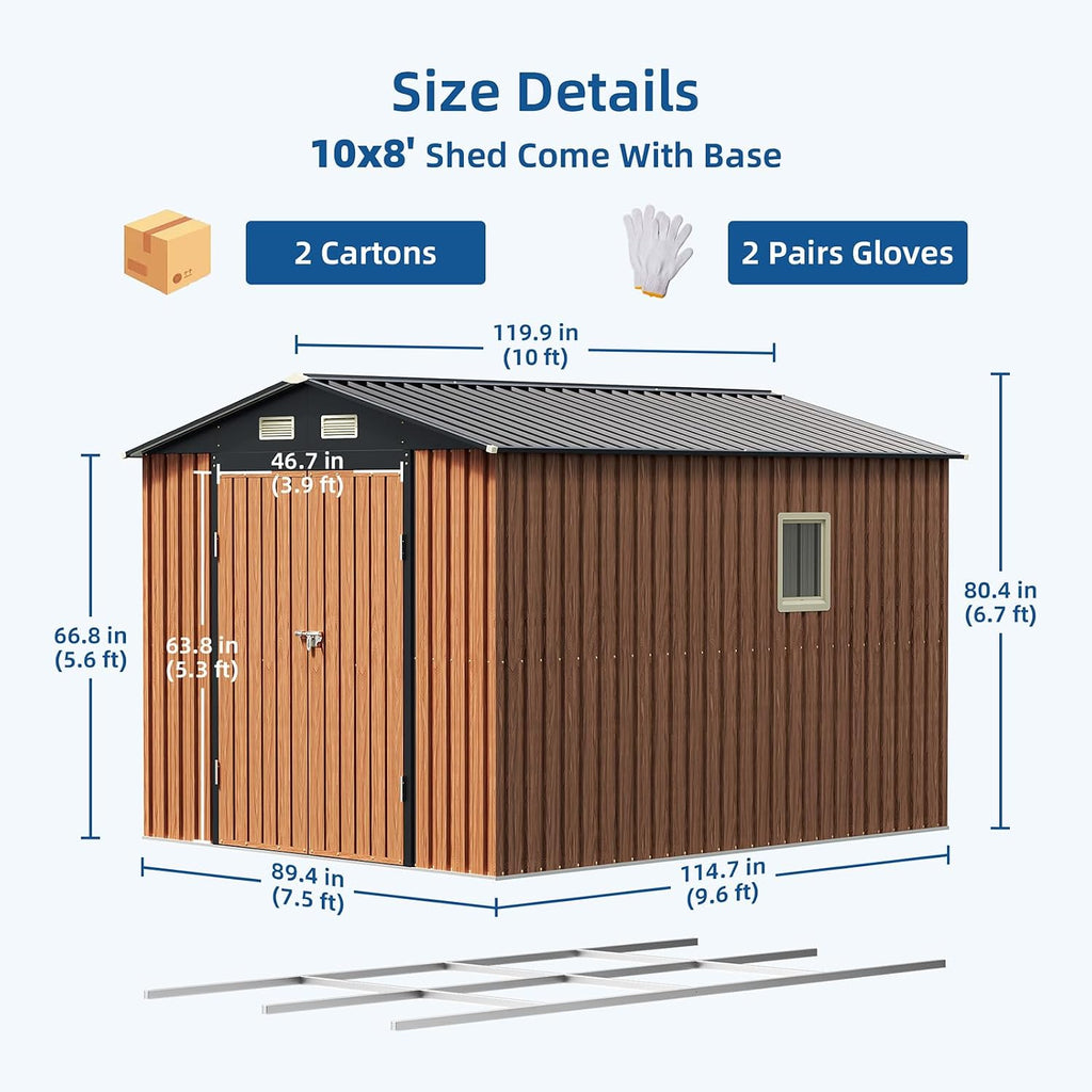 8x10 FT Outdoor Storage Shed, Metal Garden Shed with Floor Base & Updated Frame Structure, Lockable Door and Window, Large Tool Shed for Backyard, Patio, Lawn, Utility & Bike Storage