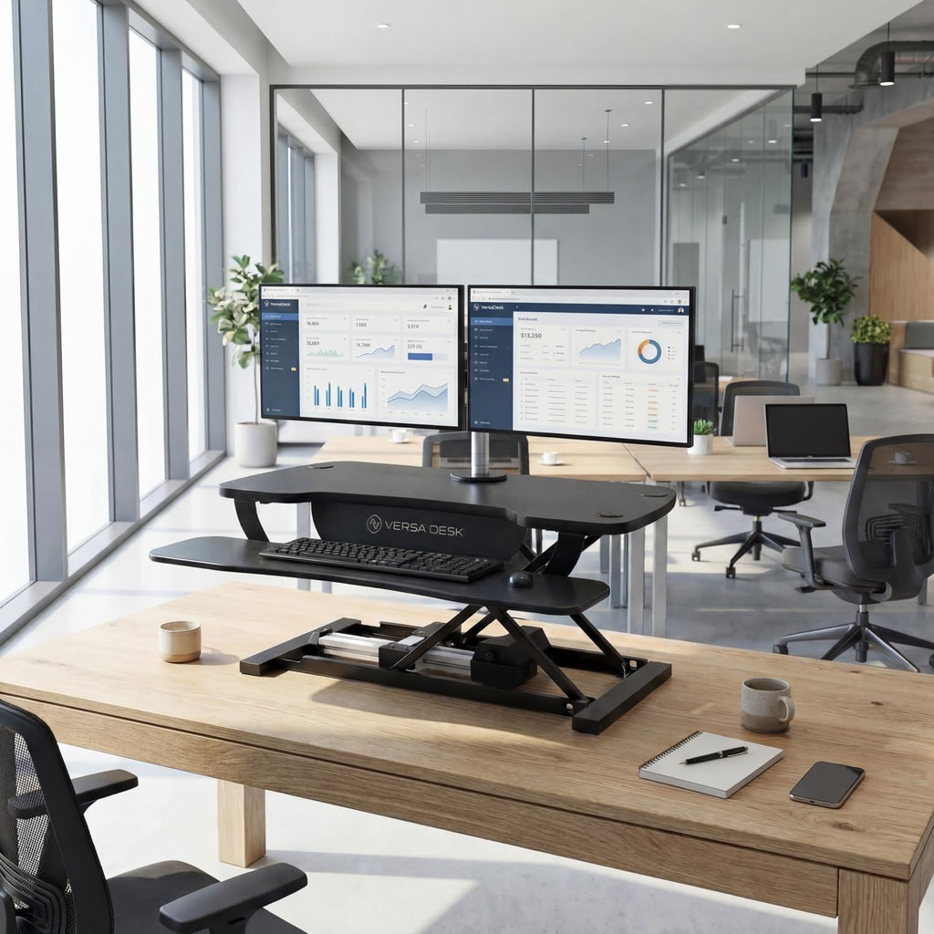 VERSADESK PowerPro™ 36 Inch Electric Standing Desk Converter, Height Adjustable Sit to Stand Up Desk Riser, Laptop and Dual Monitor Desktop Workstation with Wide Keyboard Tray and USB Port, Black