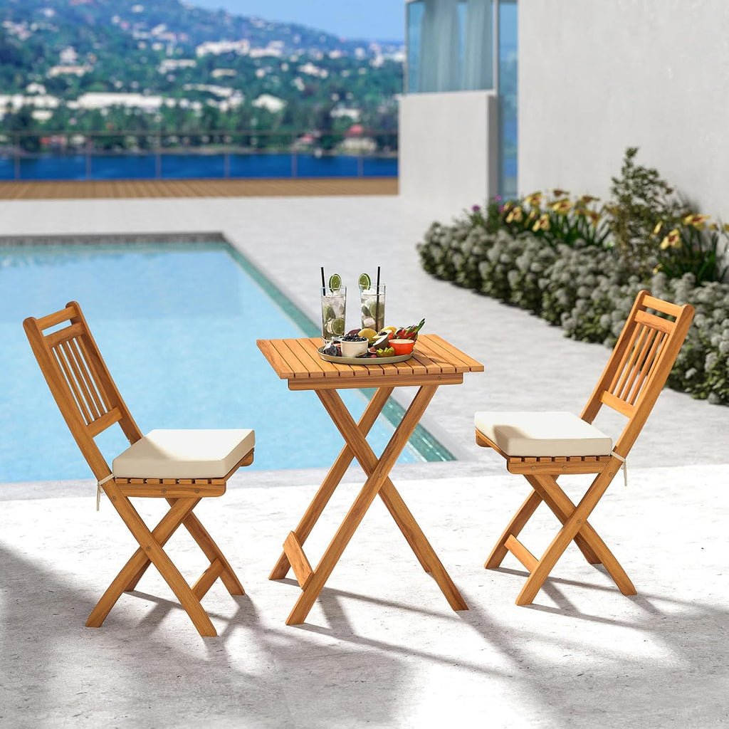 HAPPYGRILL 3-Piece Folding Bistro Set Acacia Wood Patio Furniture Set with Seat Cushions, Outdoor Square Table and Chairs Set of 2 for Backyard, Balcony, Porch, Garden (Back Style B)