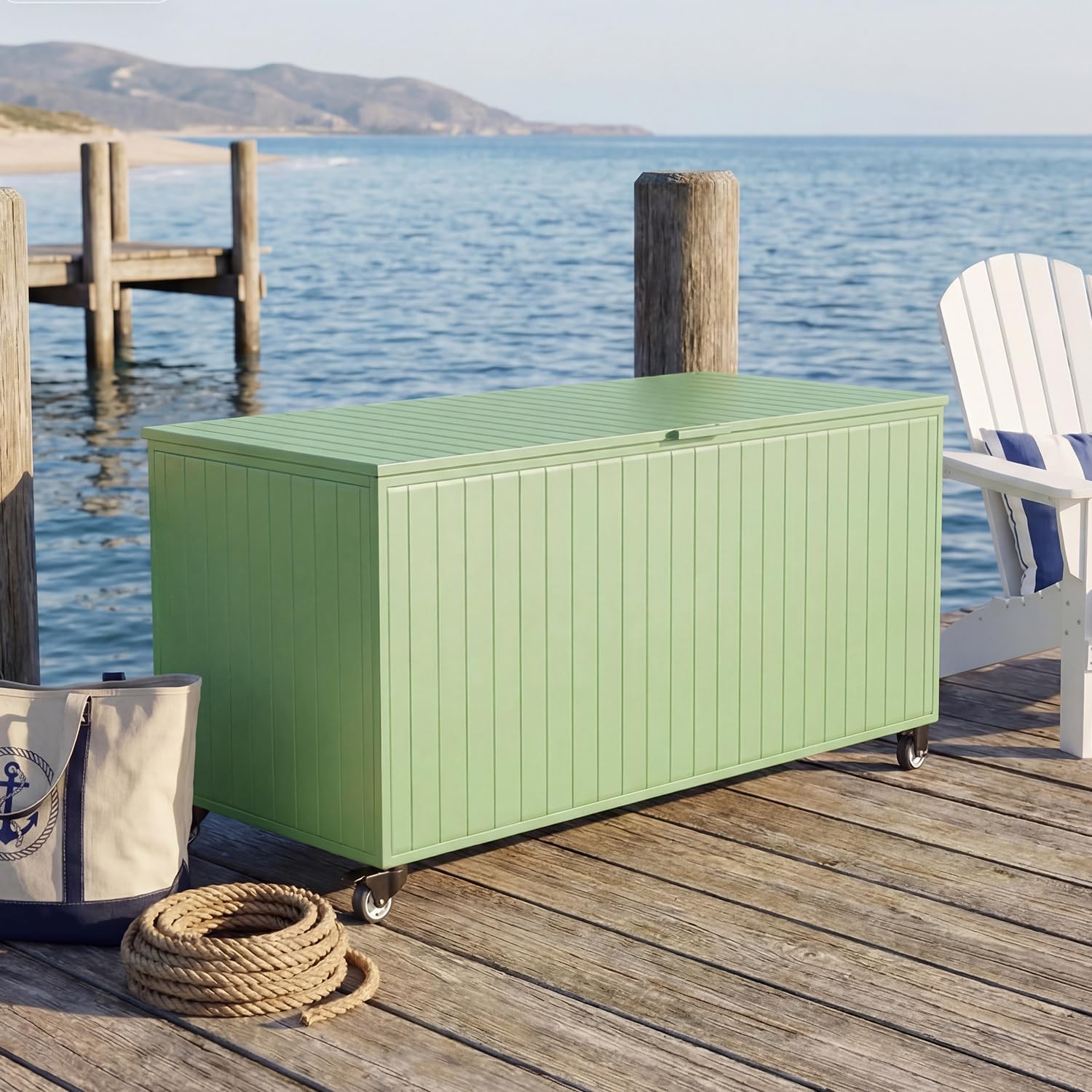Outdoor Storage Box with Wheels 250 Gallon, Metal Deck Boxes Waterproof, UV Resistant Patio Storage Box with Lid for Patio Furniture, Garden Tools (Green)