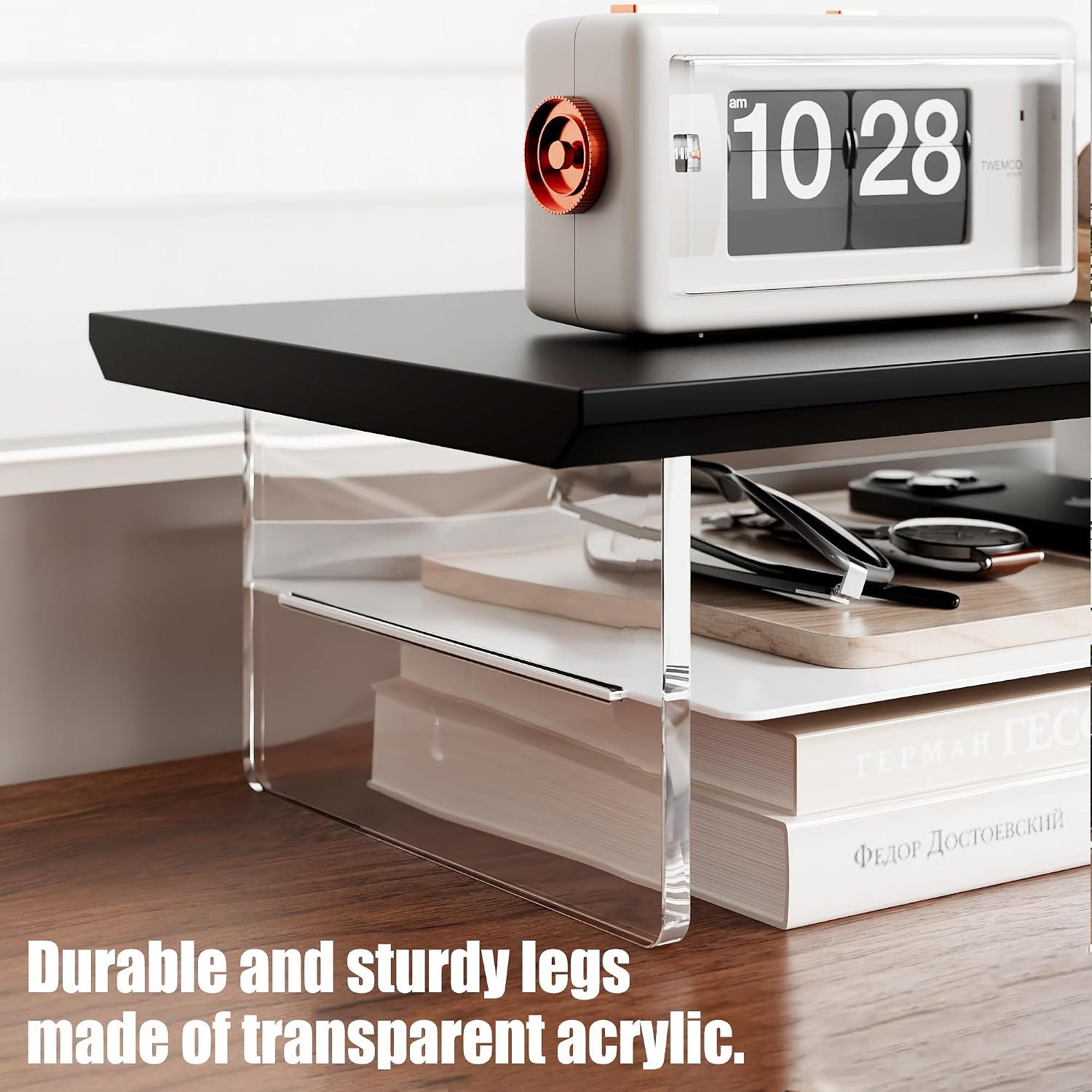 FENSULN Dual‑Tier Monitor Stand for Modern Desk Setup – Minimalist Wooden and Metal Riser Shelf with Transparent Acrylic Feet for Dual Monitors, Laptops, Home Office Aesthetic，Black and White