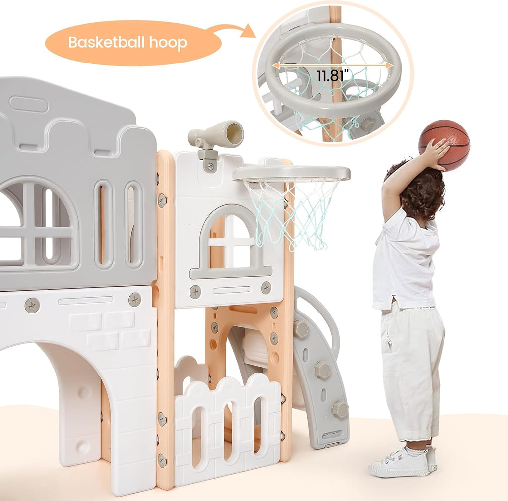 8 in 1 Toddler Slide Playset, Toddler Indoor Playground for Kids 1-3, Baby Outdoor Indoor Playset with Slide, Climber, Tunnel, Basketball Hoop, Toy Storage and Telescope for Toddlers Age 1-3