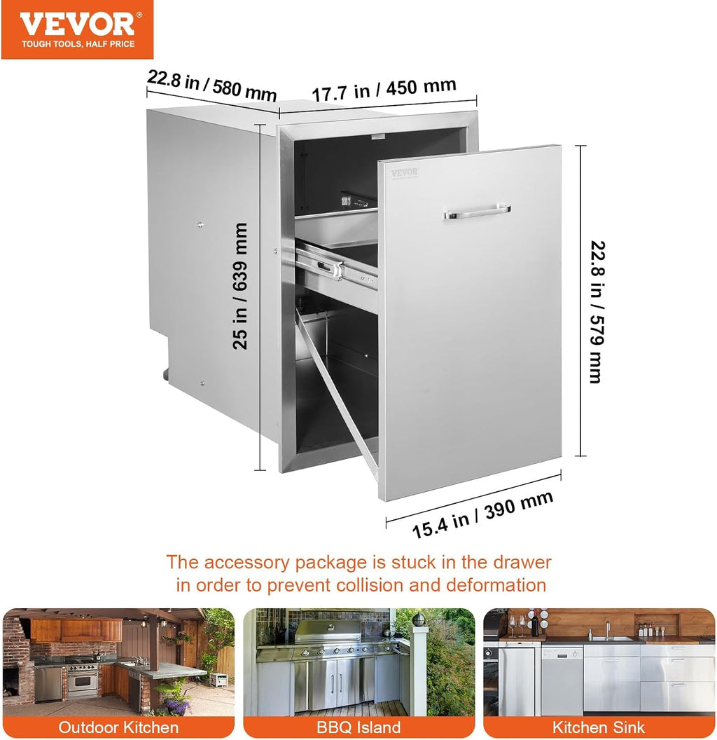 VEVOR Outdoor Kitchen Trash Drawer 17.7W x 25H x 22.8D Inch, Stainless Steel Trash Drawer with Handle and Pull-Out Tray, Outdoor Pull Out Kitchen BBQ Island, Trash Can NOT Included