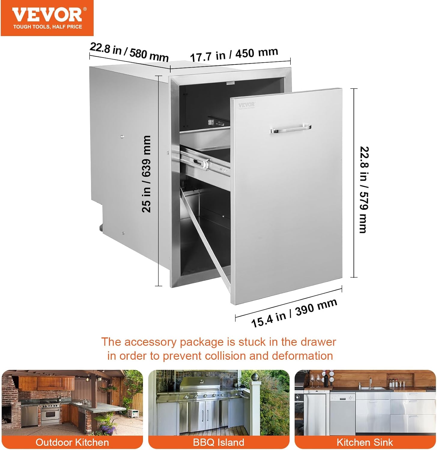 VEVOR Outdoor Kitchen Trash Drawer 17.7W x 25H x 22.8D Inch, Stainless Steel Trash Drawer with Handle and Pull-Out Tray, Outdoor Pull Out Kitchen BBQ Island, Trash Can NOT Included