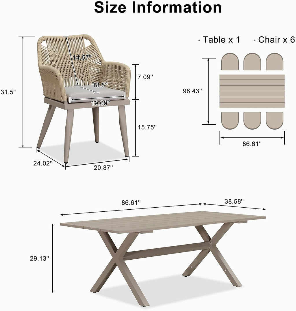PURPLE LEAF Outdoor Patio Dining Set All-Weather PE Rattan Furniture Set with All Aluminum Frame Rectangular 7 Pieces Table and Chairs Set for 6 People Lawn Garden Backyard Deck, Champagne