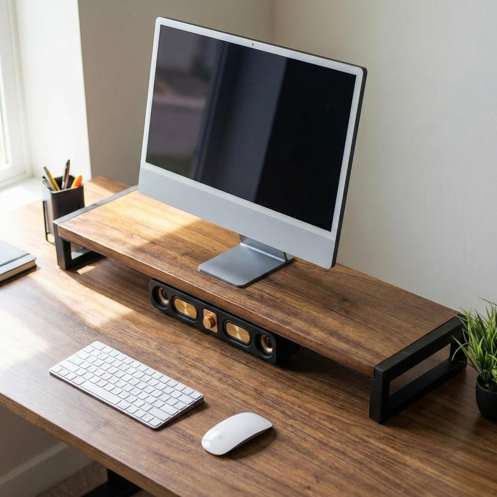 Dual Monitor Stand Riser for Desk – 40' Wide Walnut Solid Wood Desk Riser with Metal U-Legs, Scratch-Resistant, Hassle-Free Assembly