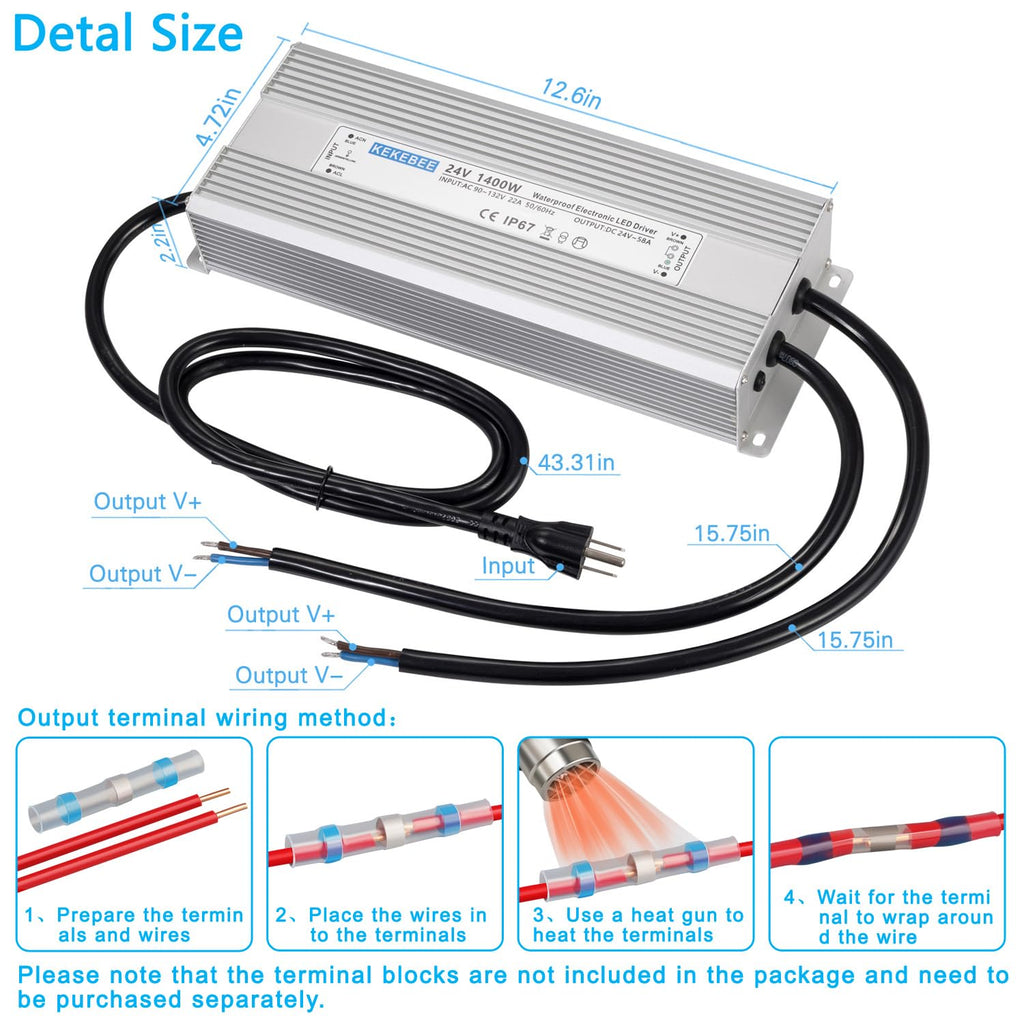 LED Driver 24V1400W Waterproof Power Supply AC90-132V to DC24V58A High Power Switching Power Supply IP67 Transformer Suitable for Indoor and Outdoor LED Lighting and Any 24V DC Equipment