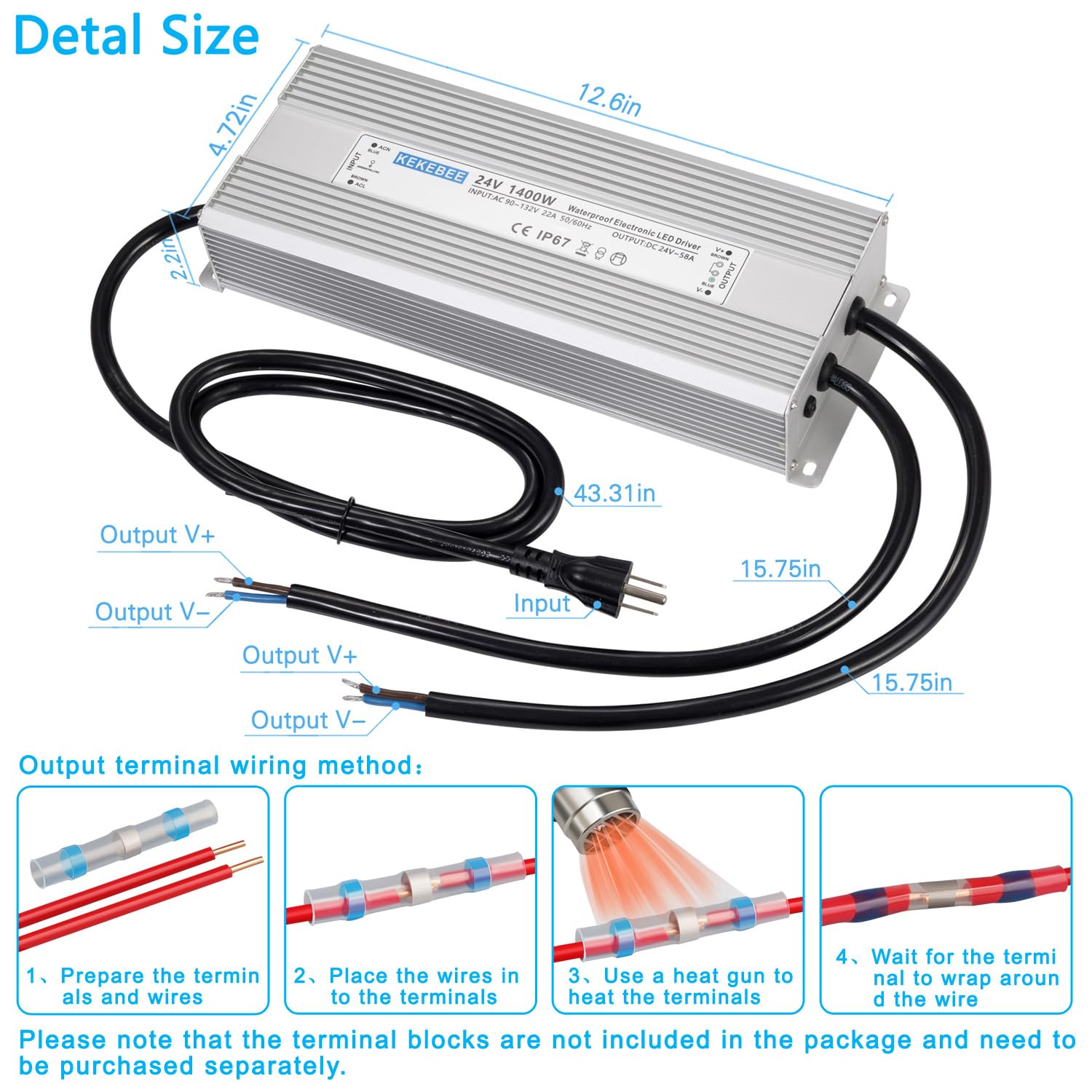 LED Driver 24V1400W Waterproof Power Supply AC90-132V to DC24V58A High Power Switching Power Supply IP67 Transformer Suitable for Indoor and Outdoor LED Lighting and Any 24V DC Equipment