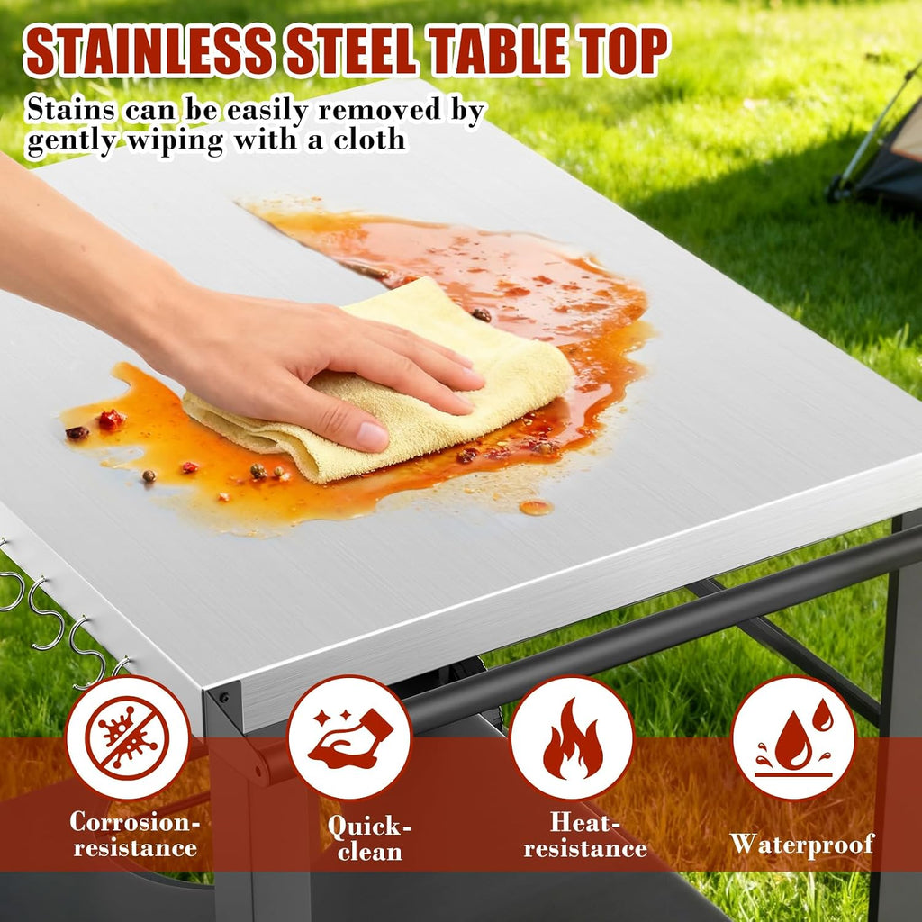 34' x 24' Movable Stainless Steel Flattop Grill Cart for Ninja Woodfire & Blackstone Griddles, Pizza Oven Table for Outside, Extra-Wide Stainless Steel Cart with Wheels for Kitchen Food Prep Table