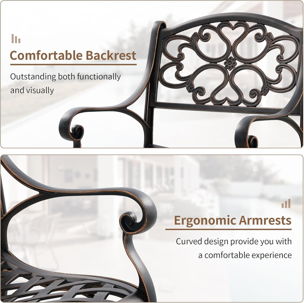 3 Piece Outdoor Dining Set,Cast Aluminum Bistro Set with Umbrella Hole, All Weather Patio Furniture Set, Small Patio Dining Set for Garden/Balcony/Deck Bronze (Flower Backrest)