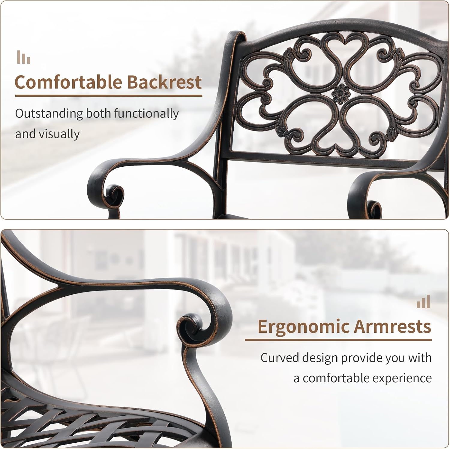 3 Piece Outdoor Dining Set,Cast Aluminum Bistro Set with Umbrella Hole, All Weather Patio Furniture Set, Small Patio Dining Set for Garden/Balcony/Deck Bronze (Flower Backrest)