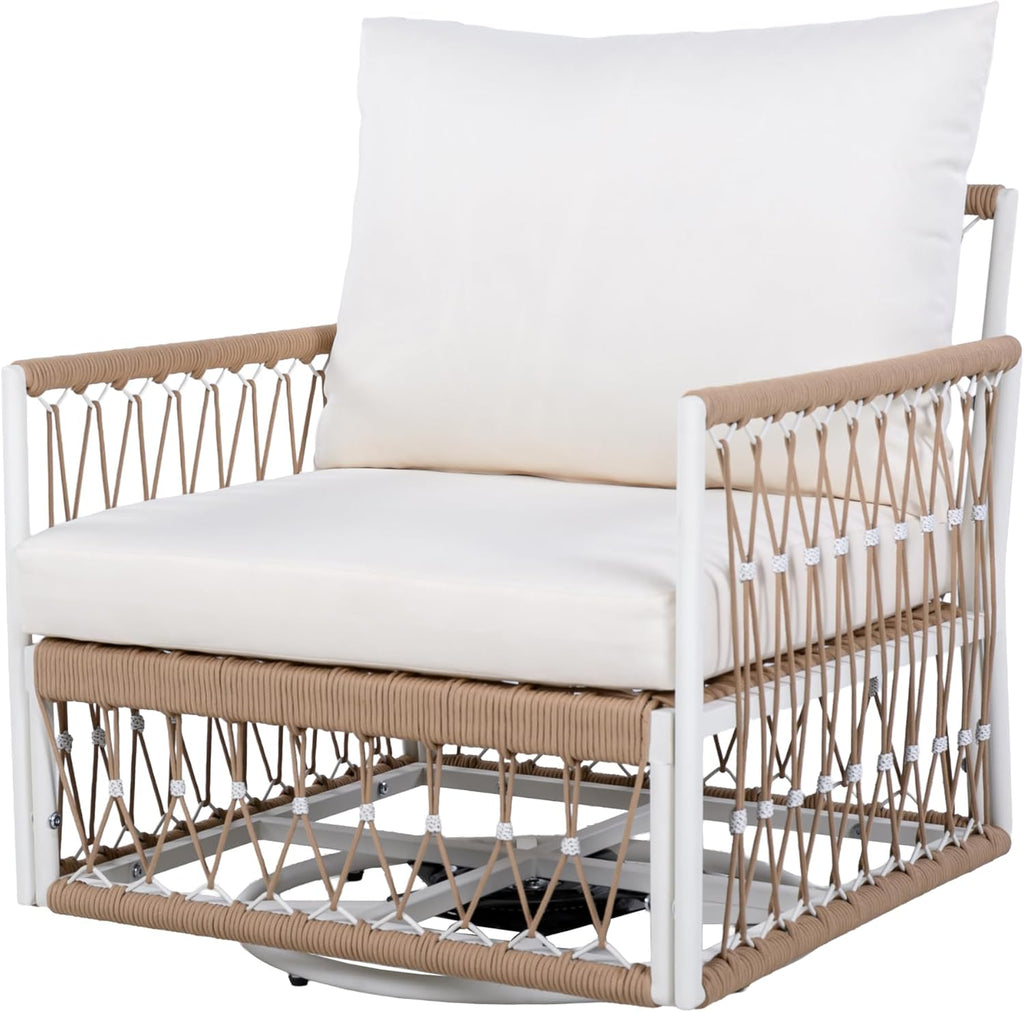 Christopher Knight Home Janna 3-Piece Bohemian Outdoor Patio Furniture Set, Set of 2 Swivel Lounge Chairs with Cushions & Glass Top Side Table, Patio Conversation Set for Garden, Beige + Natural
