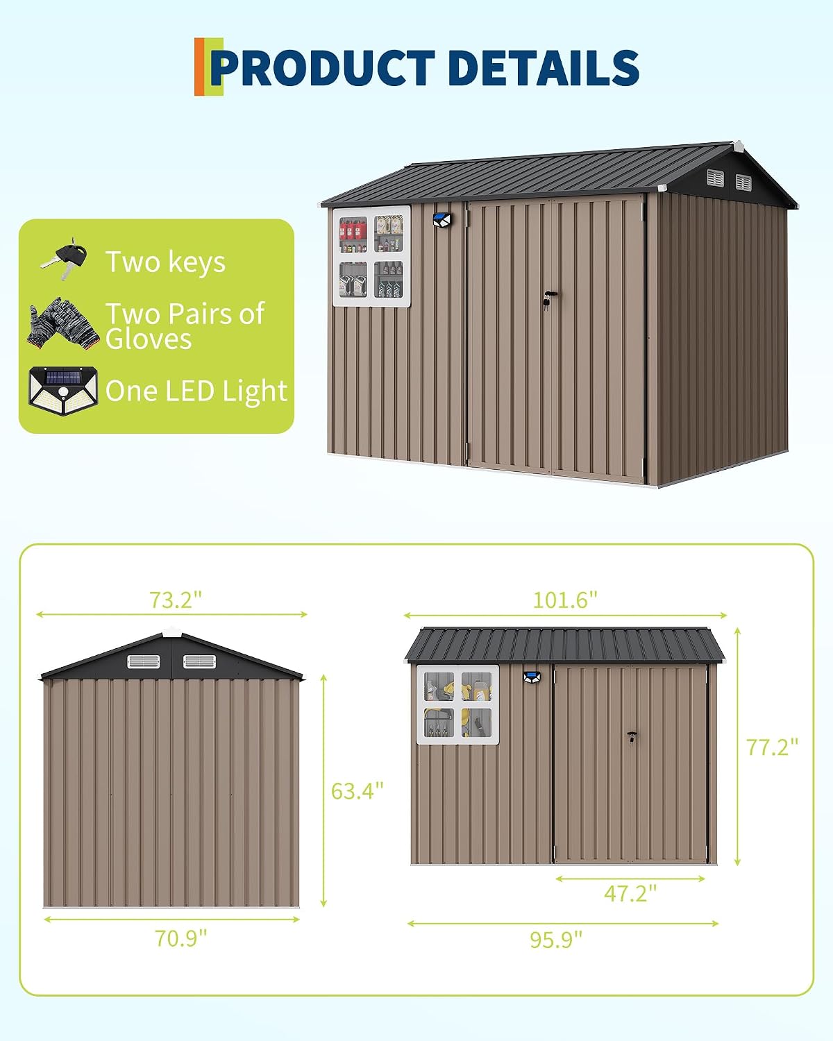 GarveeLife 6x8 ft Outdoor Storage Shed, Metal Garden Tool Shed with Updated Frame Structure, Lockable Doors and Windows, Ideal for Backyard Garden Patio Lawn, Brown