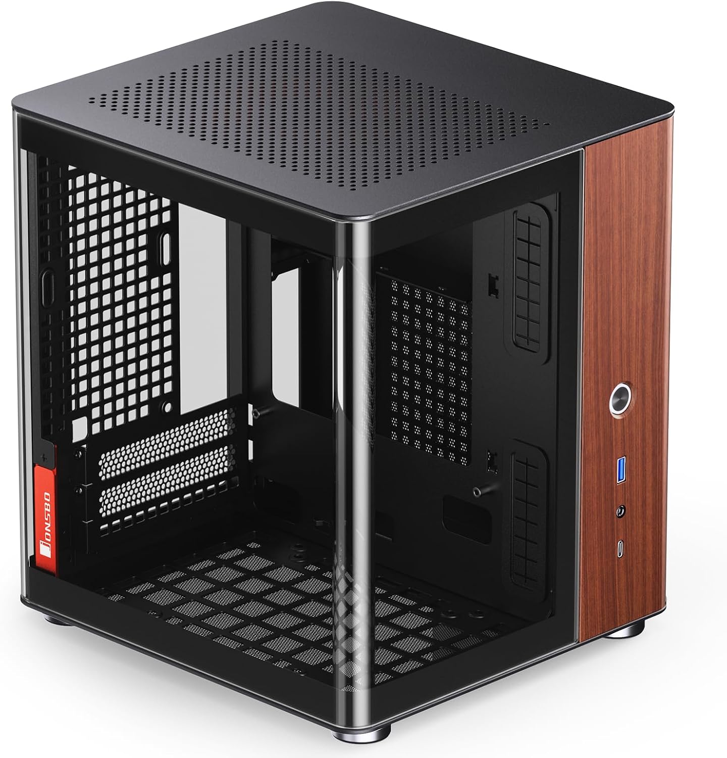 JONSBO TK-0 Black ITX Mini Tower PC Case, Hyperboloid Glass Desktop Design,Separated Cabinet Structure, Al Alloy Shell DTX/ITX Walnut Wood Computer Case, Sff Case,Black