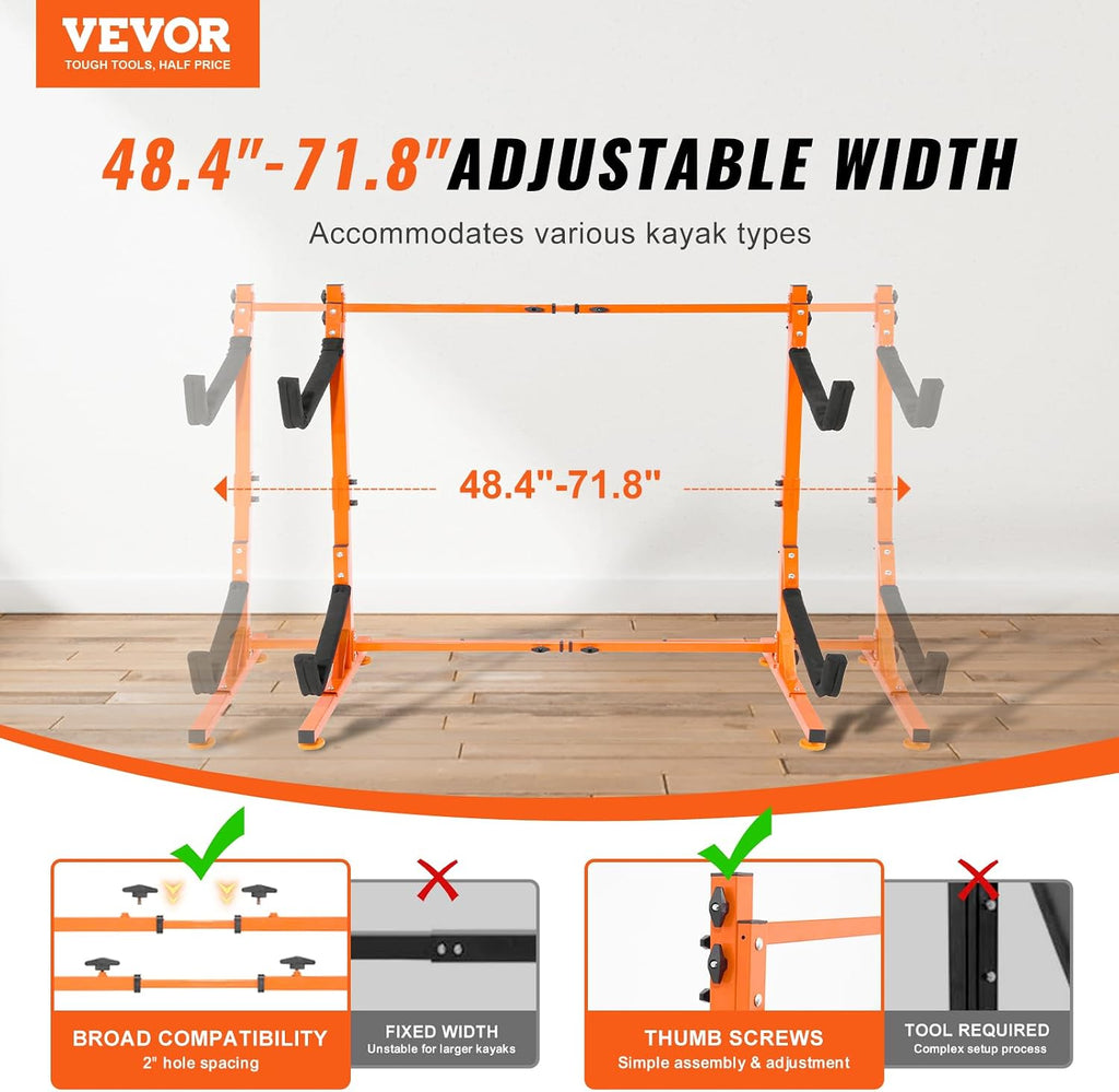 VEVOR Kayak Storage Rack, Heavy Duty Adjustable Freestanding Stand with Lockable Wheels for Indoor Outdoor Garage Shed Dock, Holder for Canoe, SUP, Surfboard & Paddleboard