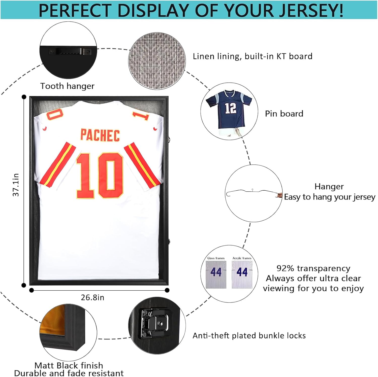Grintus Large Jersey Frame Display Case Jersey Display Case Jersey Shadow Box with Uv Protection Acrylic and Hanger for Baseball Basketball Football Soccer Hockey Sport Shirt and Uniform,LinenBack