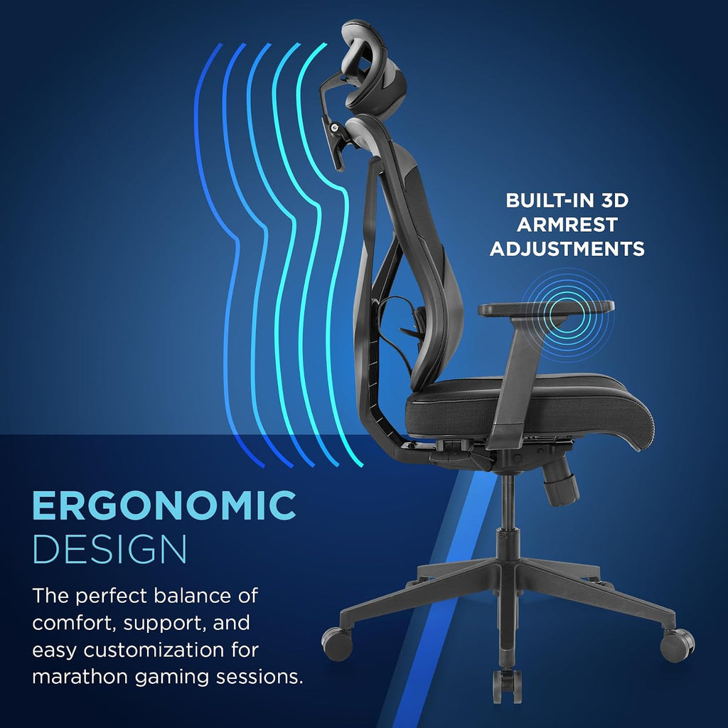 Tempur-Pedic Blaze Auto-Adaptive Ergonomic Gaming Chair with Lumbar Support and 3D Armrest Adjustment, Cooling Racing Style Gaming Chair, Black