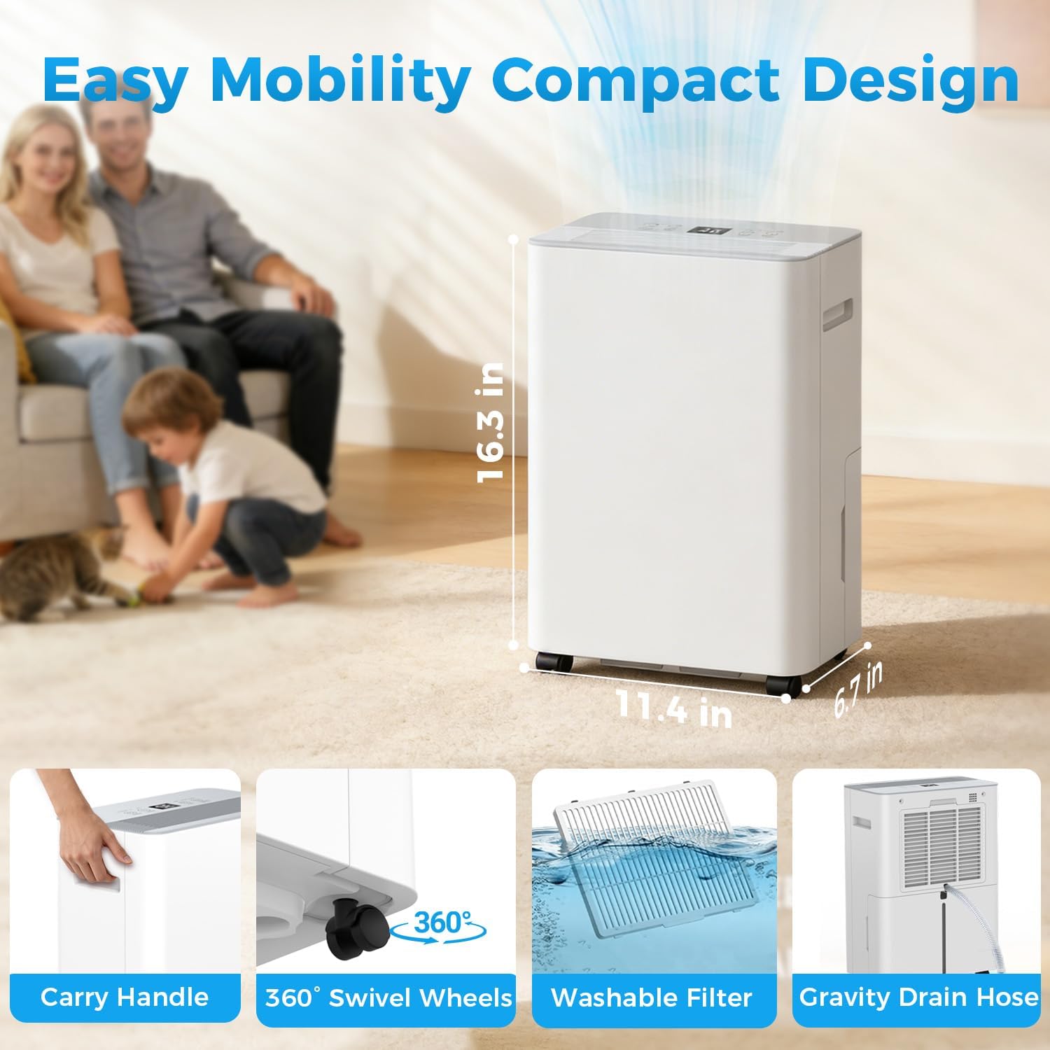 2500 sq.ft Dehumidifier for Home and Basement,Max 34 Pints Dehumidifier with Drain Hose,Ultra Quiet with Auto Defrost,Three Modes,Intelligent Dehumidifier for Bedroom,Bathroom,Large Room(White)