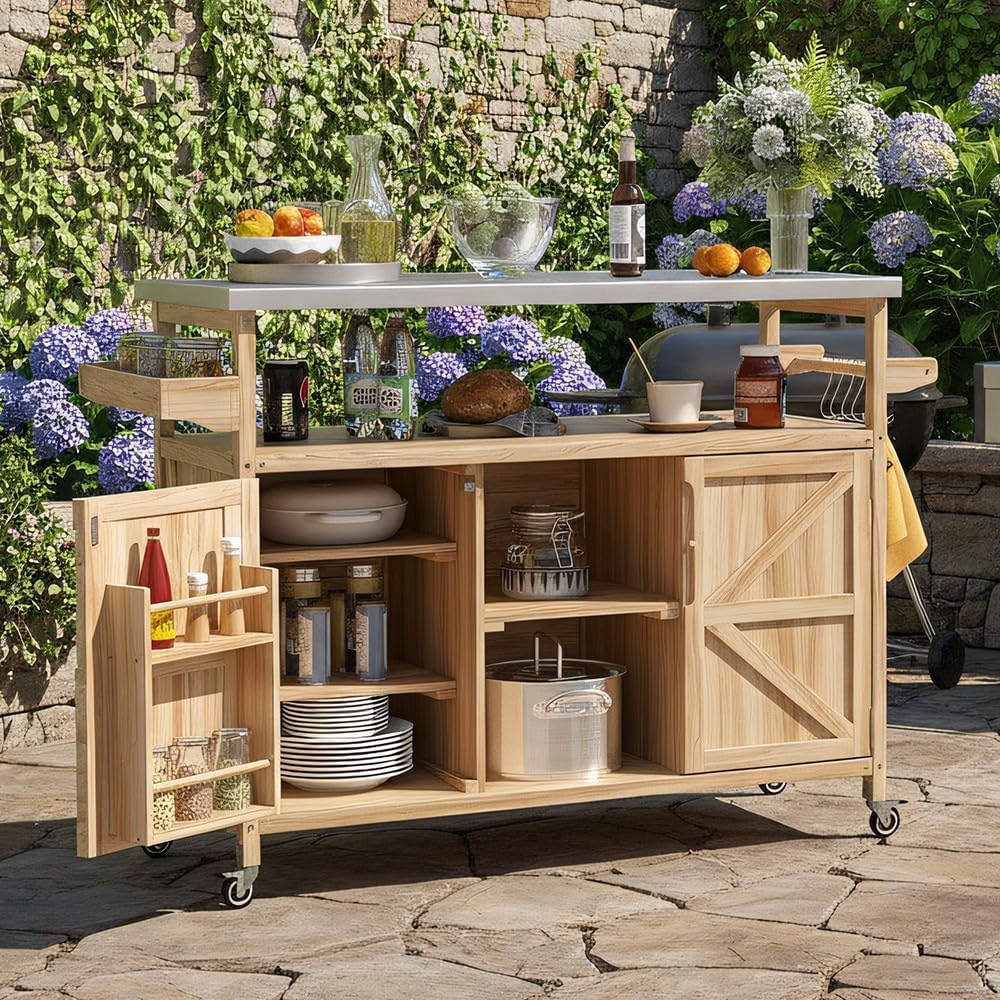 Merax 50' Outdoor Kitchen Grill Cart Island on Wheels with Stainless Steel Top,Farmhouse Style Solid Wood Frame Storage Cabinet for Patio