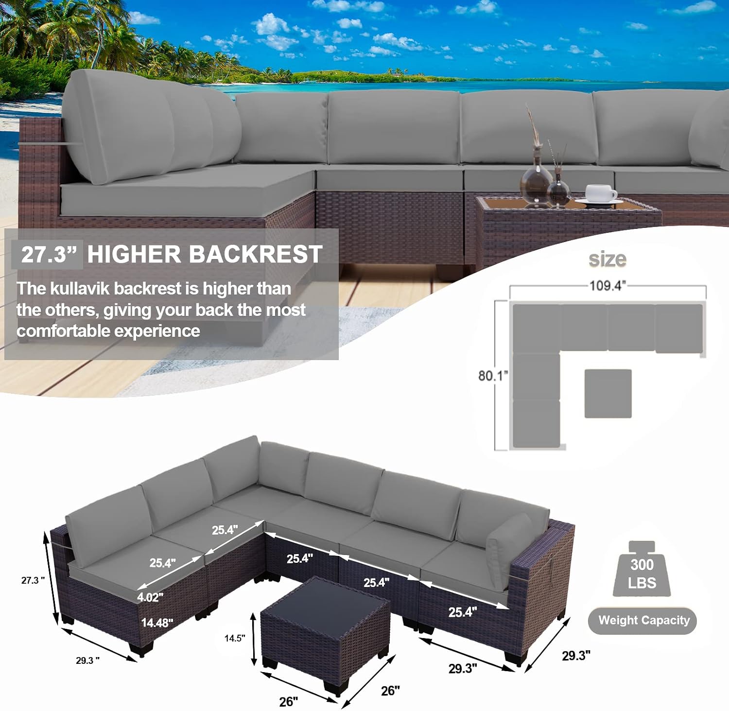 Kullavik 7 Pieces Outdoor Patio Furniture Set,Sectional Rattan Sofa Set Brown PE Rattan Wicker Patio Conversation Set with Tempered Glass Coffee Table and Washable Cushions Covers,Grey