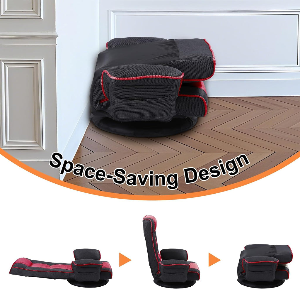 Swivel Floor Chairs for Adults, Floor Gaming Chair with Extra Wide Arms, Back Support 14 Angles Adjustable Comfortable Double Mesh Fabric Lazy Sofa for Video Game Chairs 201 (Black+Red)