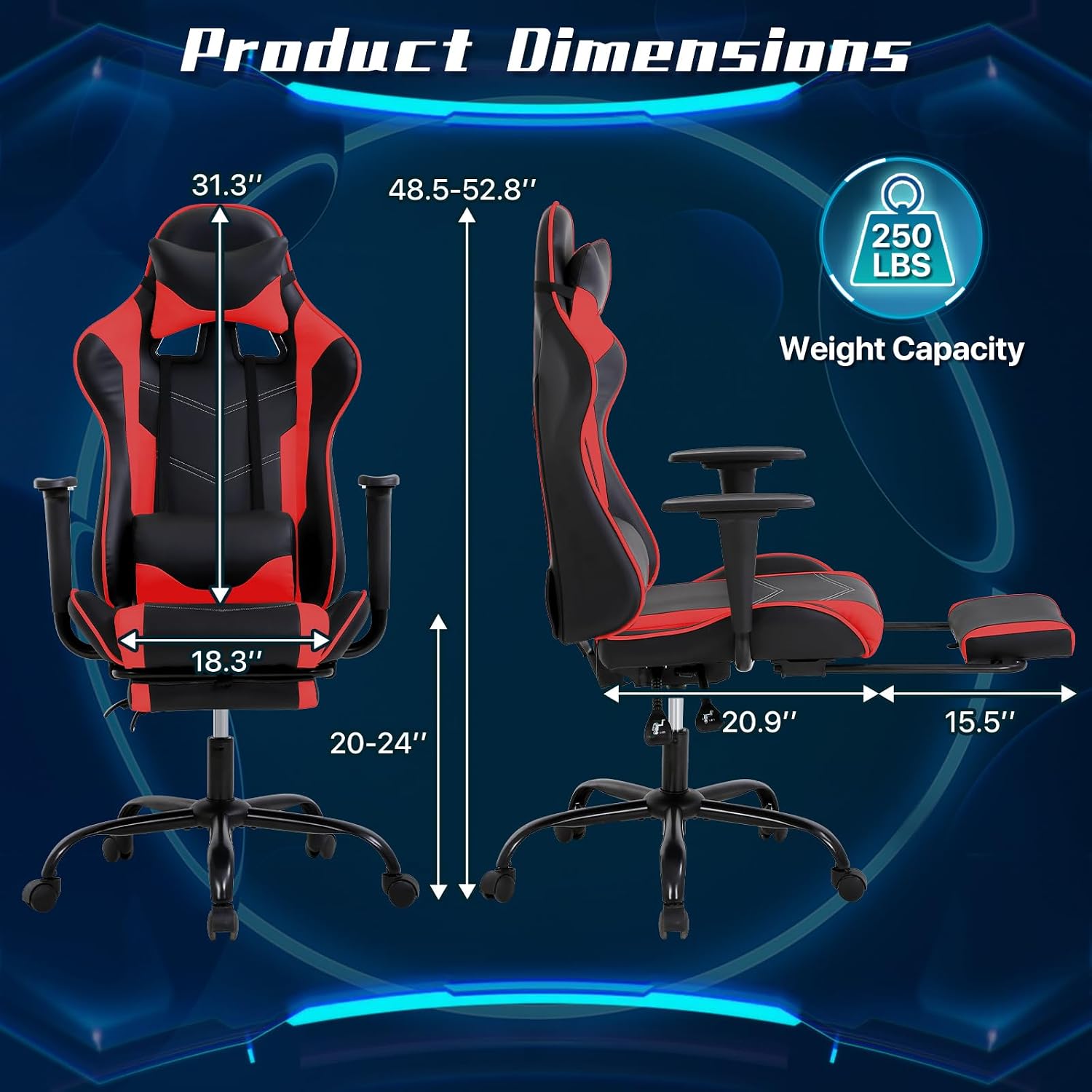 Ergonomic Gaming Chair with Footrest, High Back PU Leather Office Desk Chair for Adults Teens, Rolling Swivel Computer Chair (Red)