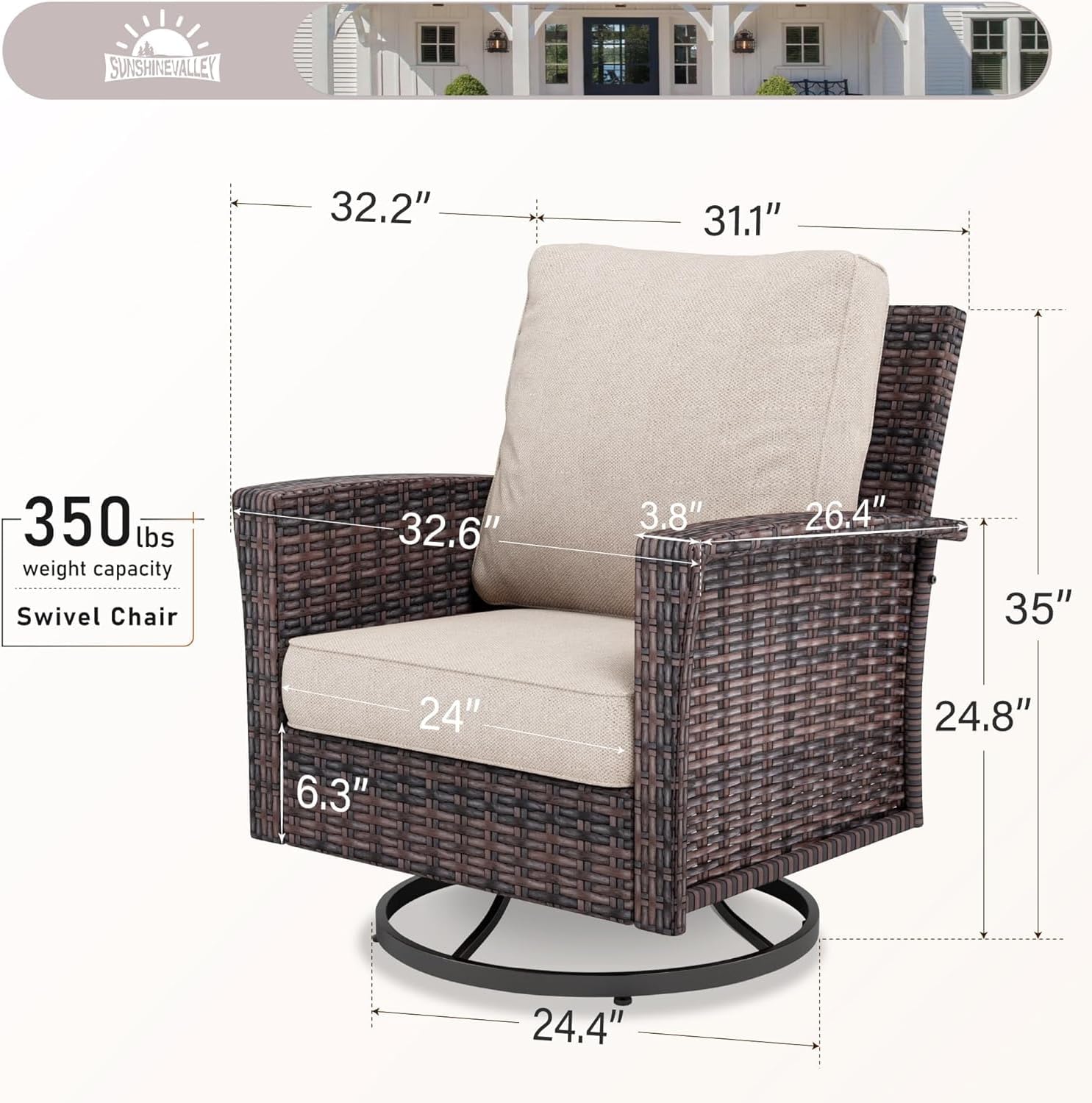 SUNSHINE VALLEY Patio Wicker Swivel Chairs Set of 2, Outdoor High Back Chairs with 5.5' Waterproof Cushions, Outdoor Furniture Set for Deck Porch and Yard, Beige