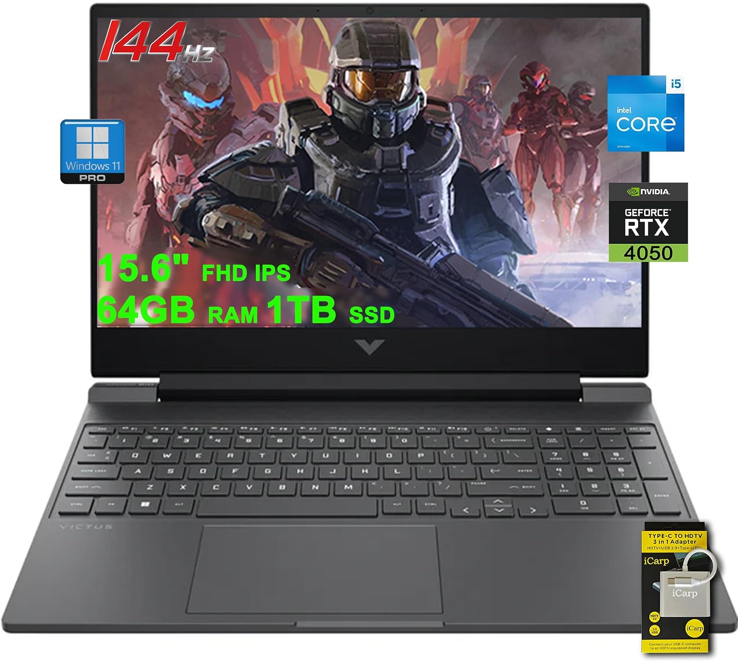 HP Victus Gaming Laptop 15.6' FHD IPS 144Hz Intel 8-core i5-13420H (>i7-12650H) 64GB RAM 1TB SSD GeForce RTX 4050 6GB Backlit Type-C B&O Fast Charge Win11Pro ICP Accessory