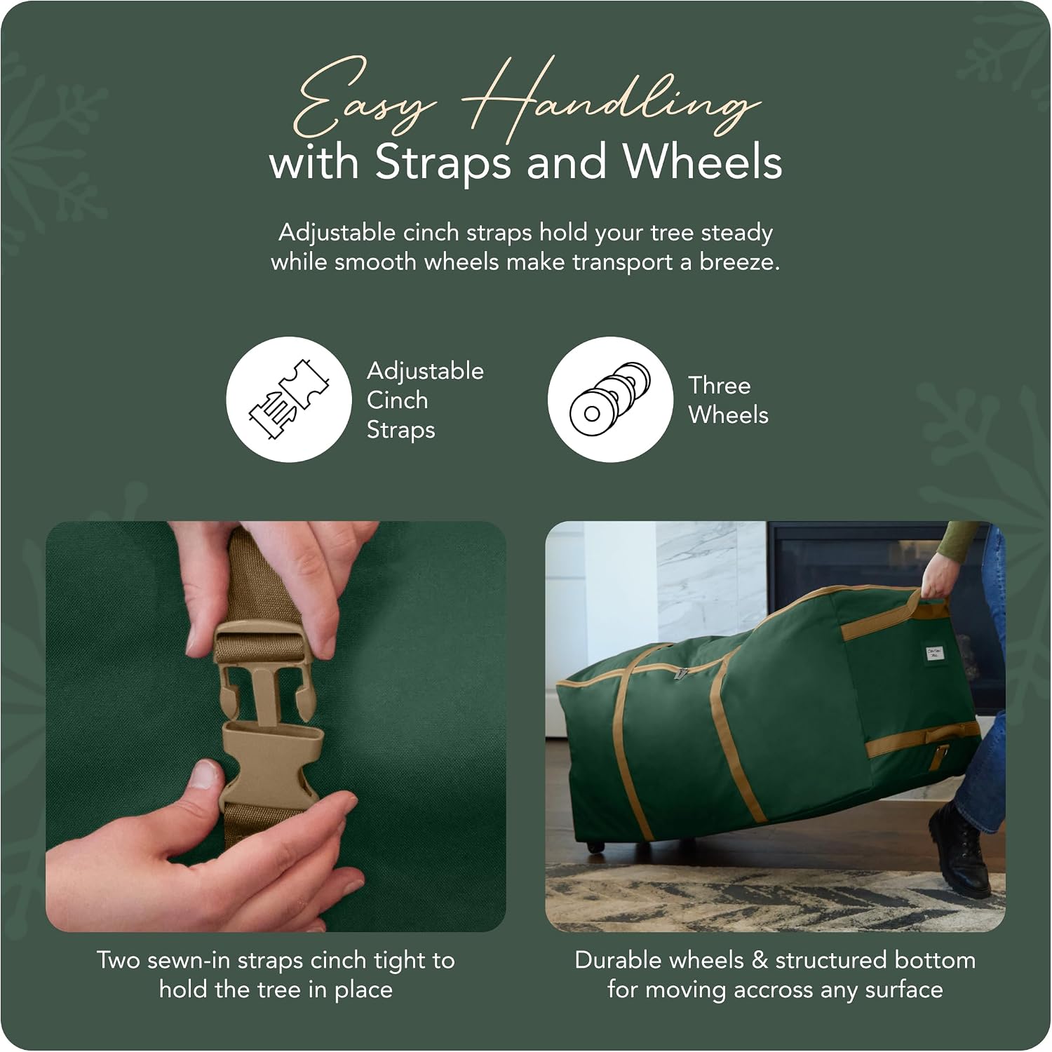 Covermates Keepsakes Christmas Tree Rolling Cinch Bag – Heavy-Duty Polyester Holiday Storage with Wheels, Reinforced Handles & Cinch Straps – Durable Christmas Tree Storage Solution, Green