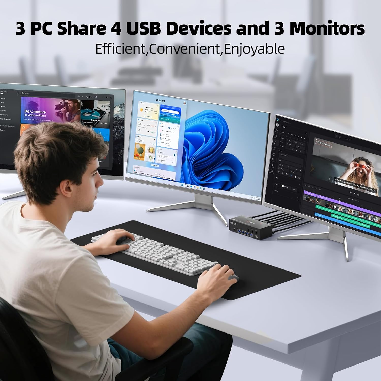 KVM Switch 3 Monitors 3 Computers 8K@60Hz 4K@144Hz, HDMI Dispalyport Triple Monitor KVM Switches for 3 PC Share 3 Monitor and 4 USB 3.0 Devices, Wired Remote, Power Adapter and USB3.0 Cables Included