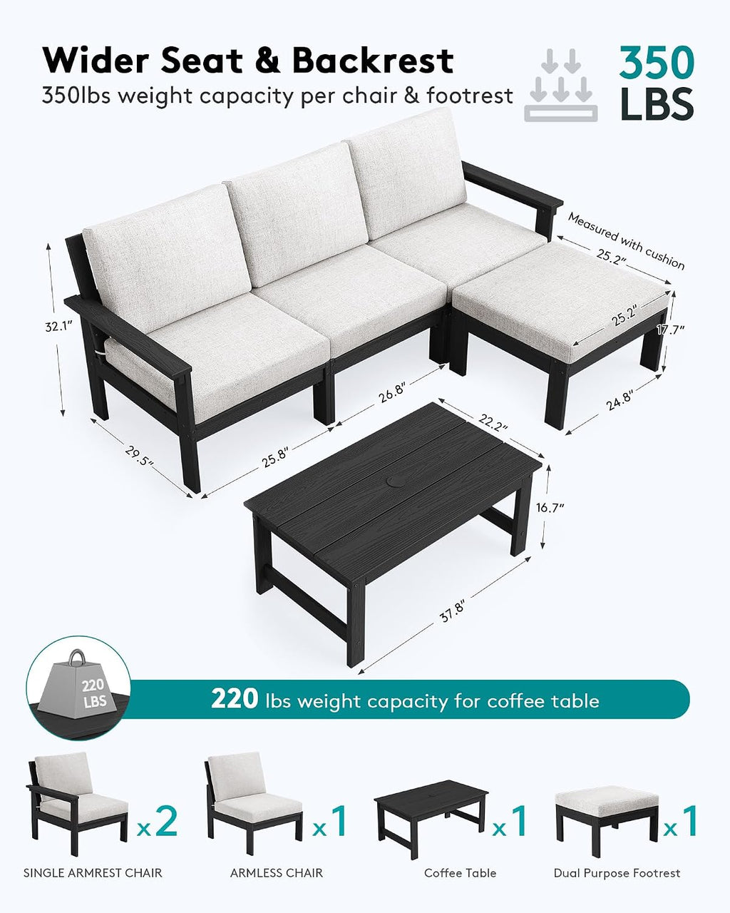SERWALL Outdoor Sectional Sofa Set, 5-piece Outdoor Modula Couch Set with Ottoman, All Weather Patio Furniture Set with Chaise for Deck, Lawn, Black Frame with Khaki Cushion