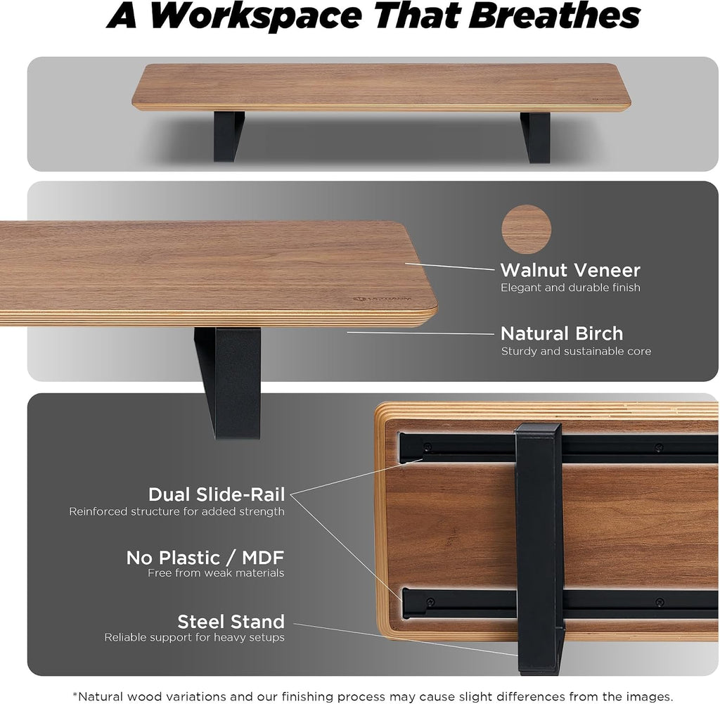 ULTRARM Moodular Wooden Monitor Stand 33.4' (85cm) Desk Organizer with Metal Slide Rails for Drawer, Tray, Laptop, Tablet, Phone & Headphones Customizable Riser for Organized Workspace Walnut MS85-W