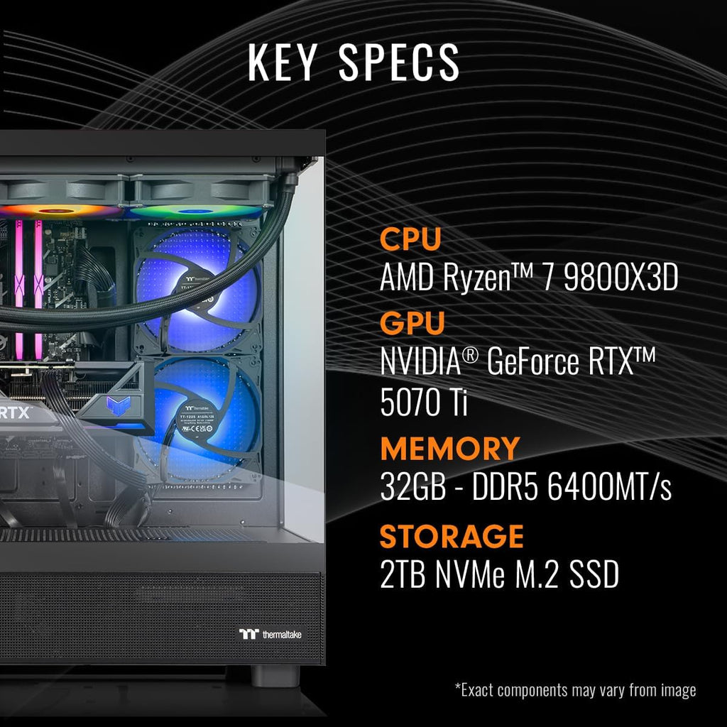 Thermaltake LCGS View 9870T-270 Gaming Desktop (AMD Ryzen™ 7 9800X3D, ToughRam 32GB DDR5 6400MT/s RGB Memory, NVIDIA® GeForce RTX™ 5070 Ti, 2TB NVMe M.2, WiFi, Windows 11) V27B-B850-57T-LCS