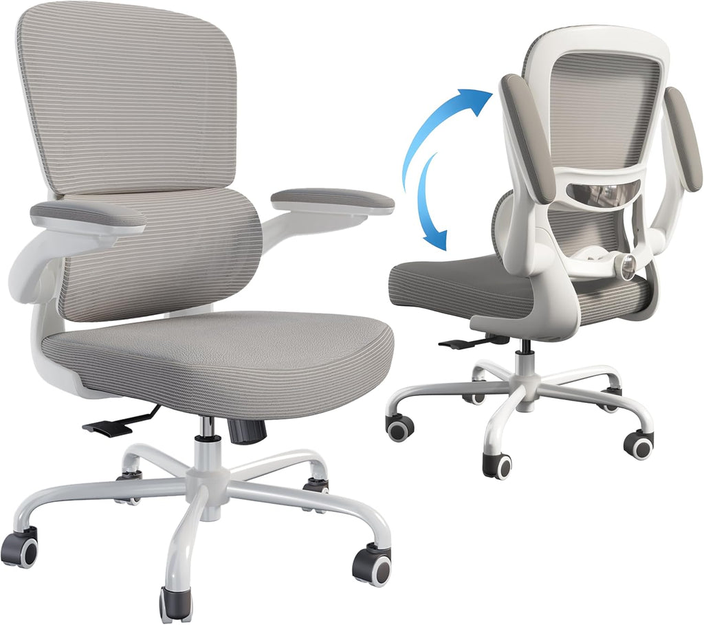 TRALT Ergonomic Office Chair - Desk Chair with Adjustable Lumbar Support Computer Chair - Mesh Comfy Chair with Flip-up Armrests - Gaming Chairs for Adults Home Office (Leather, Grey)