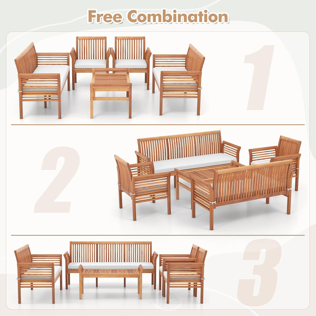 Tangkula 5 Pieces Acacia Wood Patio Furniture Set, Wood Outdoor Conversation Set with 3-Seat Bench, Loveseat, 2 Armchairs & Coffee Table, Cushioned Outdoor Sofa Set for Poolside, Porch, Balcony