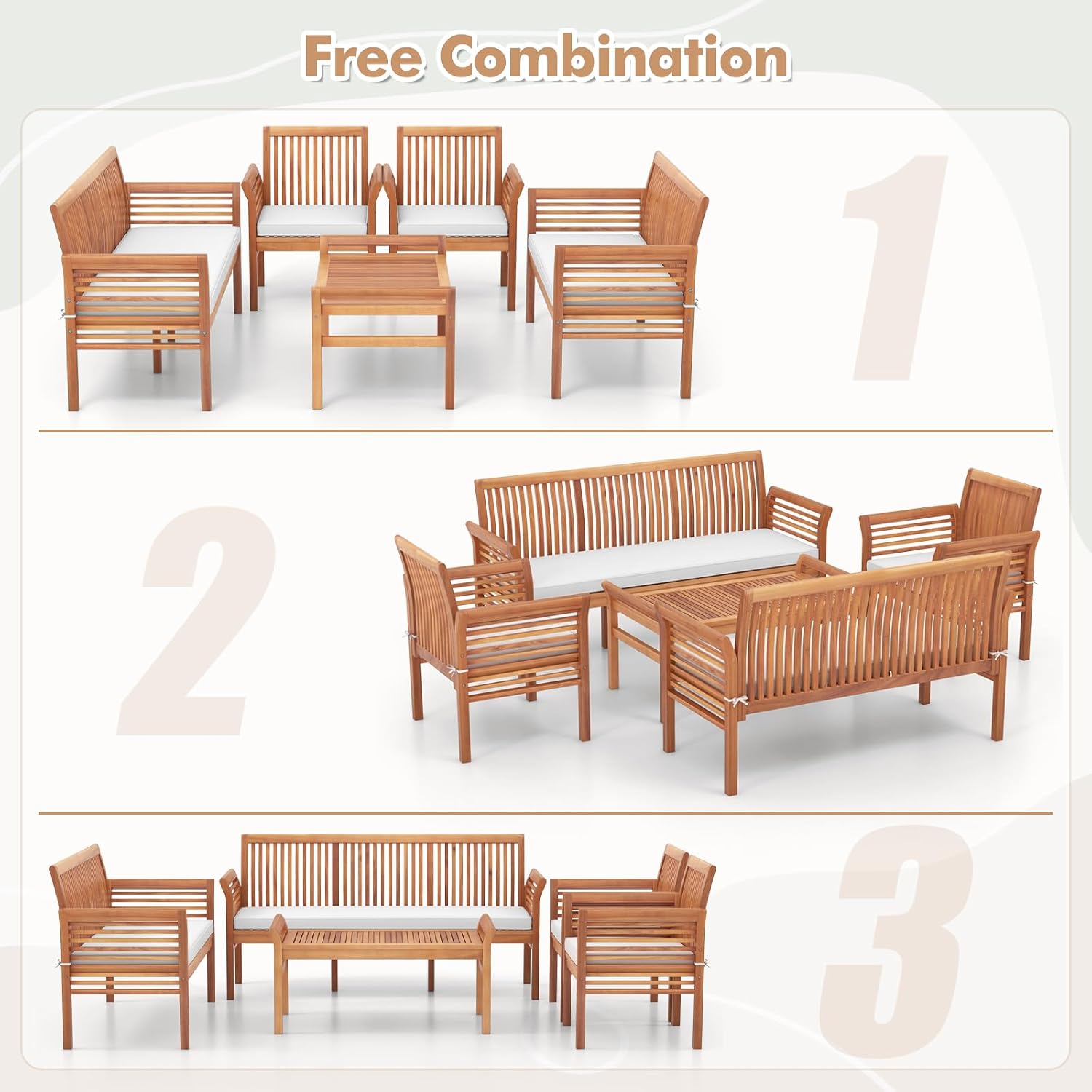 Tangkula 5 Pieces Acacia Wood Patio Furniture Set, Wood Outdoor Conversation Set with 3-Seat Bench, Loveseat, 2 Armchairs & Coffee Table, Cushioned Outdoor Sofa Set for Poolside, Porch, Balcony