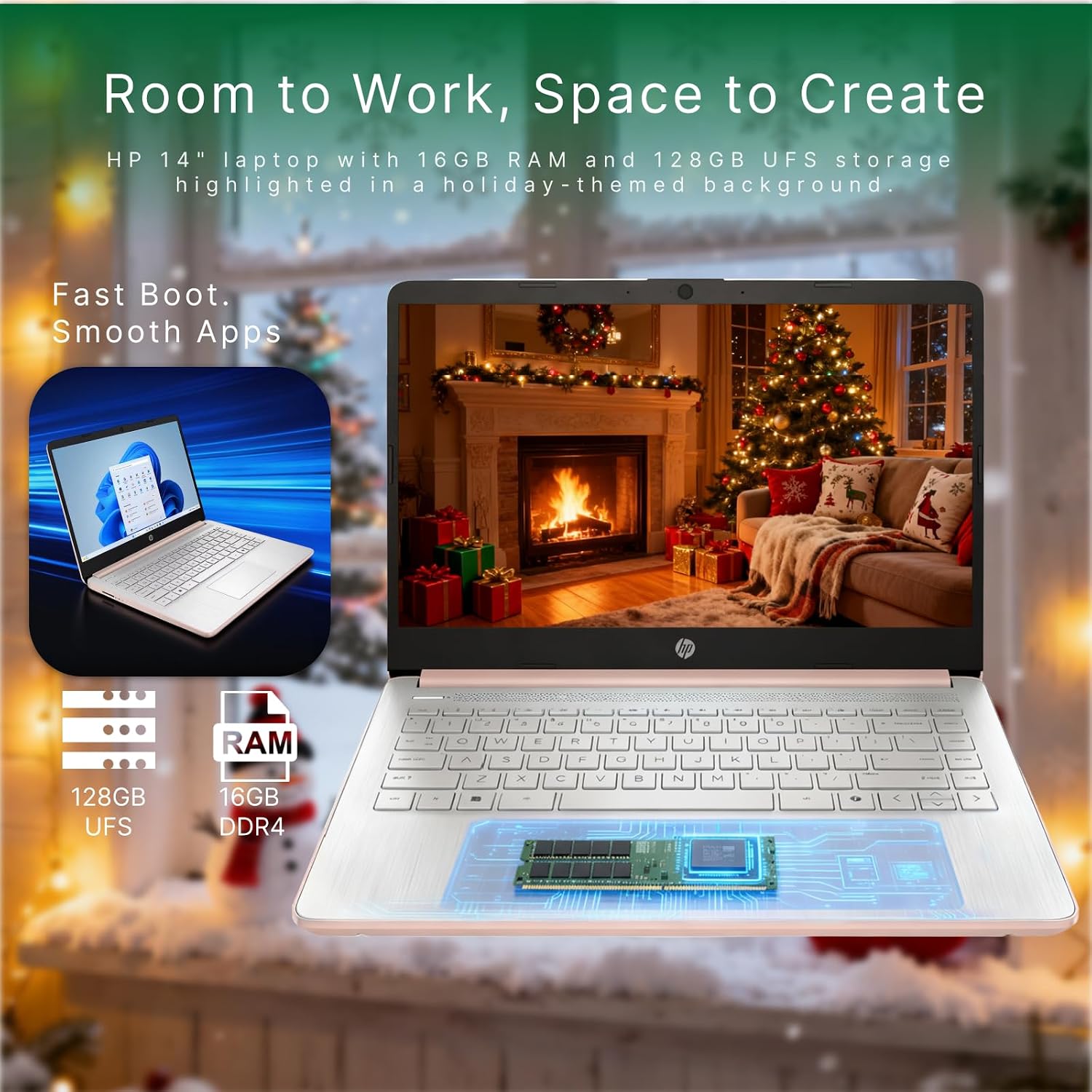 HP 14' Laptop 2025 Business Student Slim Computer, 1-Y Office 365, Copilot AI, Quad-Core Intel CPU, 16 GB RAM, 128GB UFS & 128GB SD Card, Wi-Fi 6, Windows 11 Pro, JQ2XzAccessory, Rose Gold