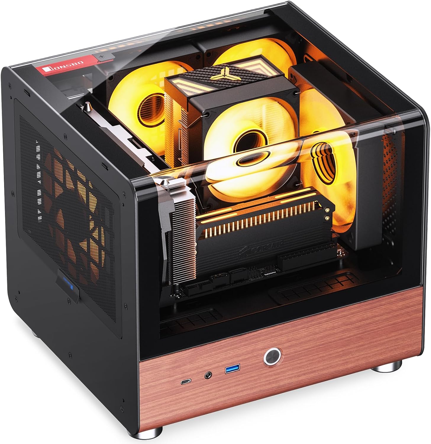 JONSBO TK-0 Black ITX Mini Tower PC Case, Hyperboloid Glass Desktop Design,Separated Cabinet Structure, Al Alloy Shell DTX/ITX Walnut Wood Computer Case, Sff Case,Black