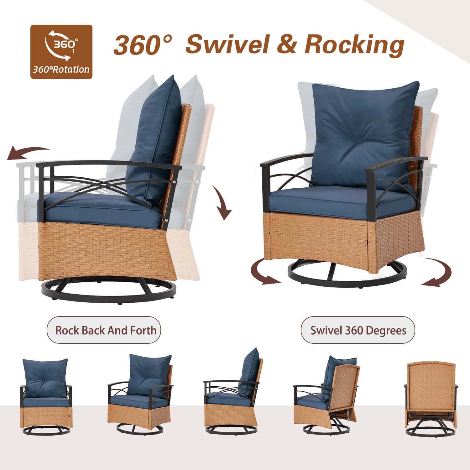 MELLCOM 3 Pieces Patio Furniture Set, Outdoor Swivel Patio Rocker Chairs with Thick Cushions and 2-Tier Coffee Table, Oversize Wicker Bistro Conversation Sets for Garden, Balcony, Backyard, Blue