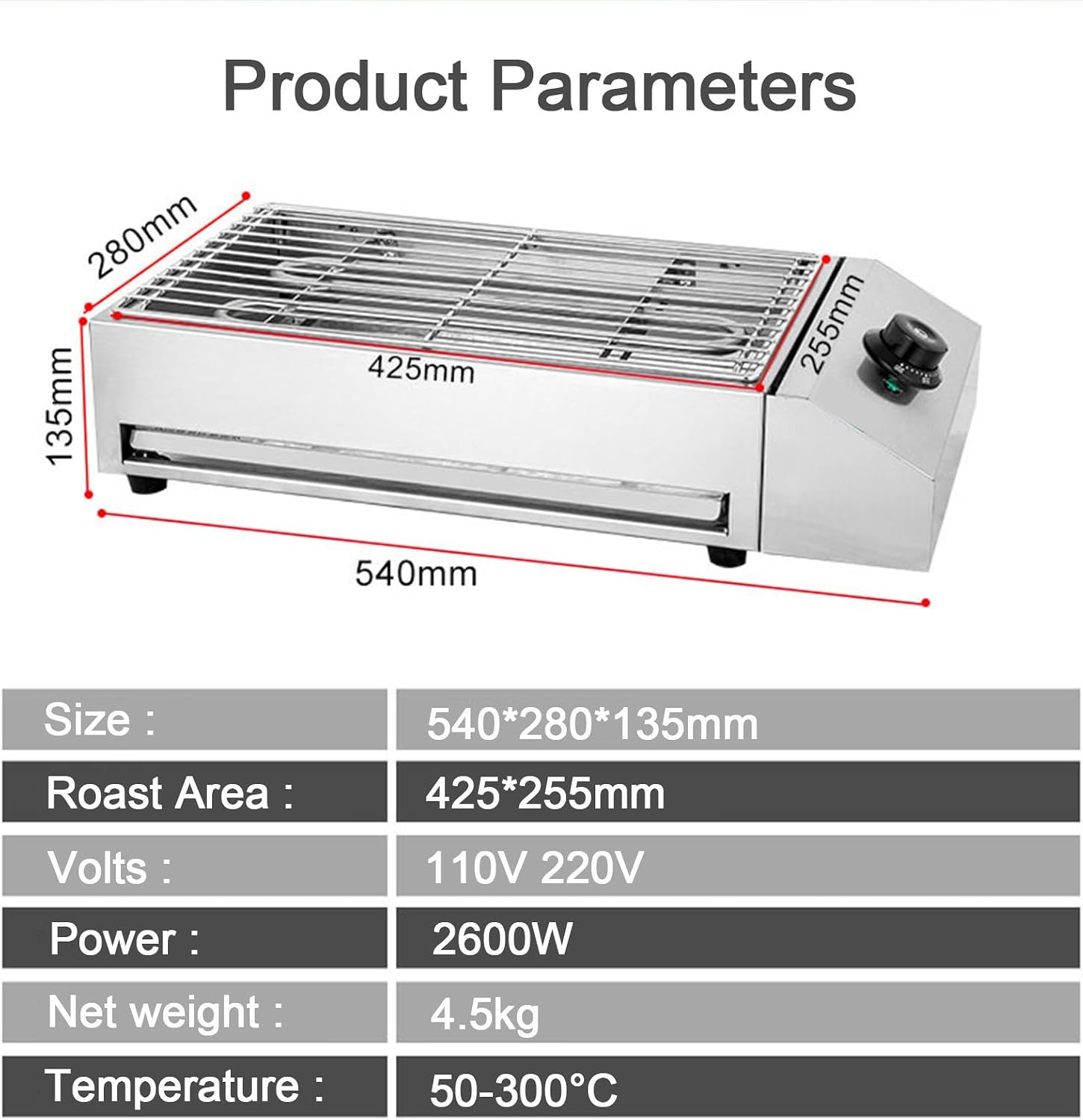 Electric Grill, 2600 Watt High Power Indoor Smokeless Grill, Adjustable Temperature 122°F-572°F Electric Grill with Removable Non-Stick Grill Rack, Grease Tray, Portable, Stainless Steel