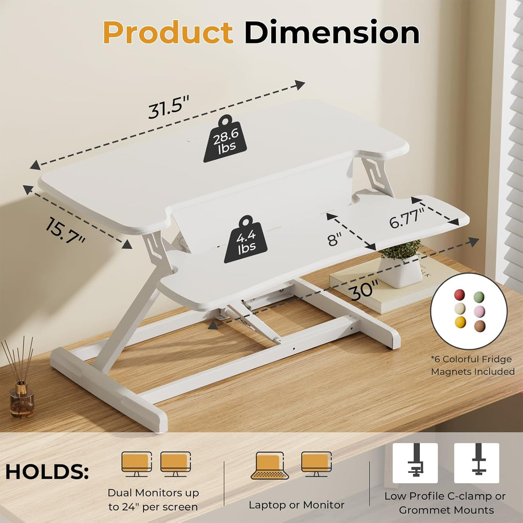 JOY worker Standing Desk Converter, 32' Height Adjustable Sit Stand Up Desk Riser with Keyboard Tray & 6 Fridge Magnets, Desktop Workstation Riser for Home Office Computer Laptop, White
